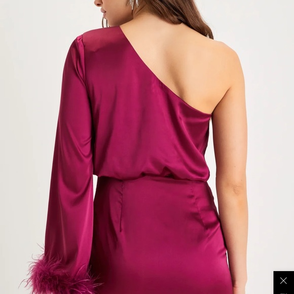 Lulus Magenta Satin One-Shoulder Feather Mini Dress - Picture 9 of 9